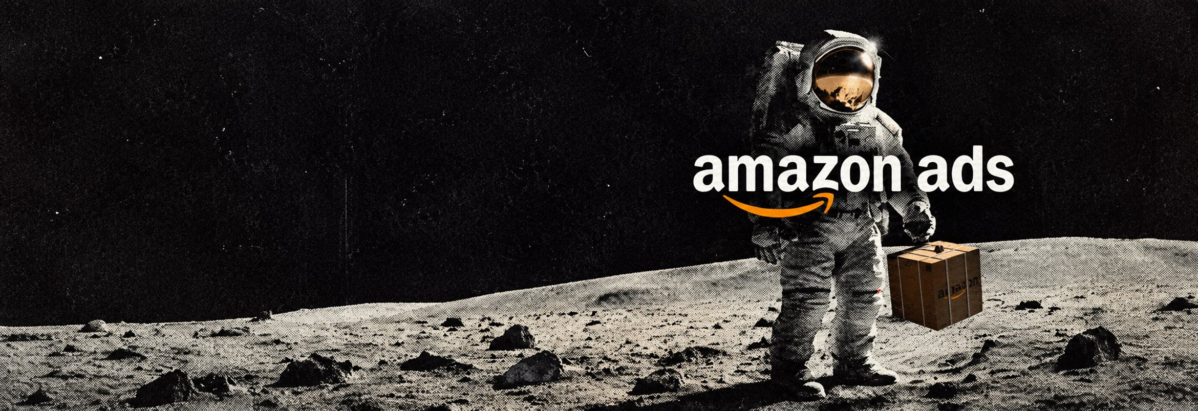 Astronaut on the moon carrying an Amazon parcel beside the Amazon Ads wordmark.