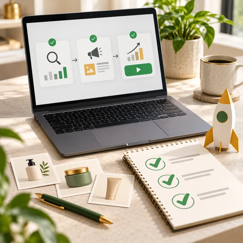 Campaign launch workspace with a checklist, product cards and a paper rocket beside a laptop.
