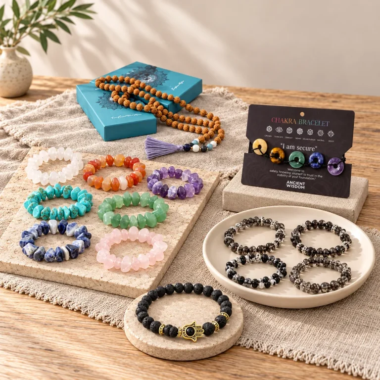 Gemstone bracelets and jewellery displayed together