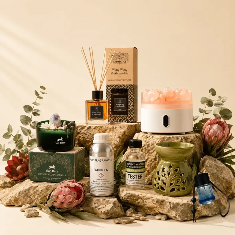 Aromatherapy diffusers, candles and oils arranged with natural styling