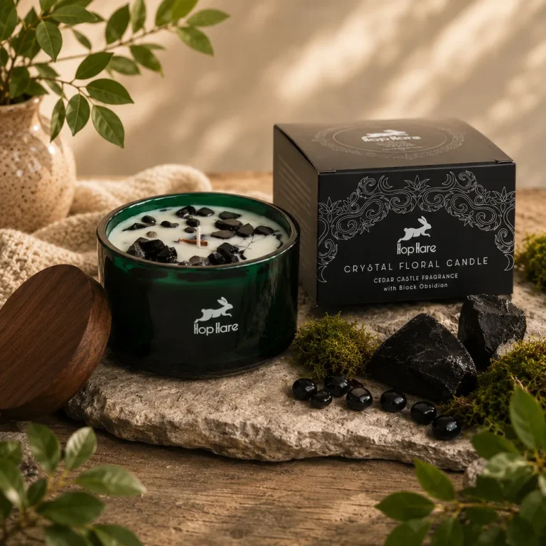 Hop Hare scented candle and packaging on a stone display