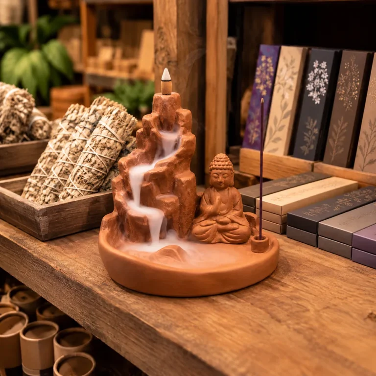 Terracotta Buddha incense plate with flowing smoke in a shop display