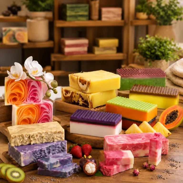 Colourful handmade soap loaves arranged with flowers and fruit