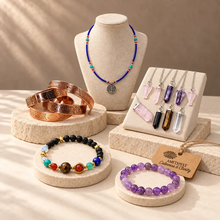 Necklaces, pendants and bracelets in a studio display