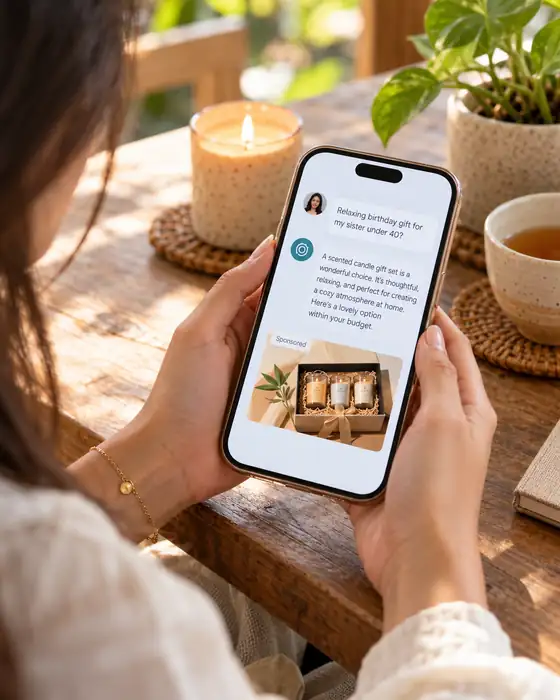 Person asking an AI assistant for a gift idea on a phone, with a sponsored product below the answer